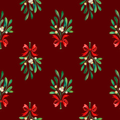 Obraz premium Mistletoe branches with white berries and red bows on red background, seamless watercolor pattern. Christmas festive background for fabric, wrapping paper, greeting cards and holiday design.