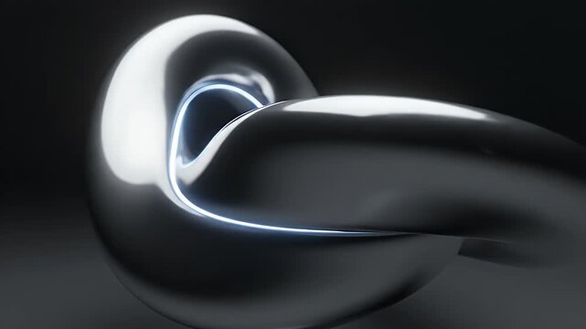 Abstract metallic M?bius strip shape with smooth reflections against a dark backdrop