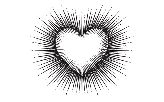 Ornate heart symbol with radiant sunburst rays vintage sketch illustration