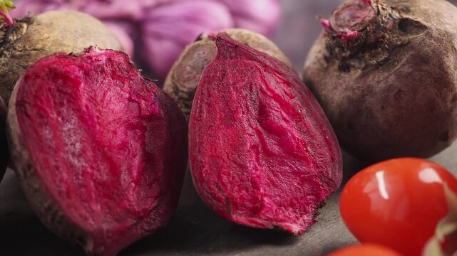Cinematic close up of sliced fresh organic beetroots with red cherry tomatoes and purple shallots