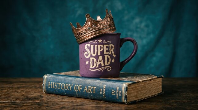 Purple Super Dad Mug Topped With Crown Resting On A History Of Art Book