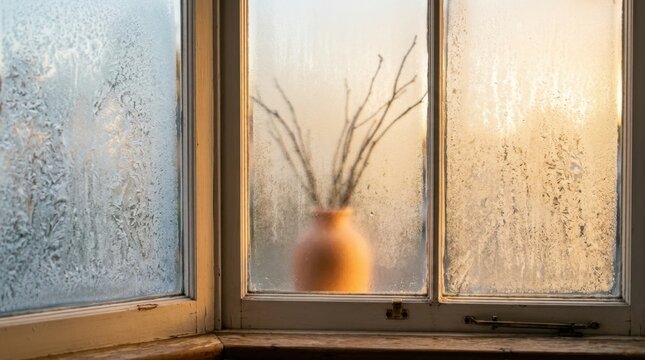 Blurred silhouette of a vase with branches seen through a frosted window pane.