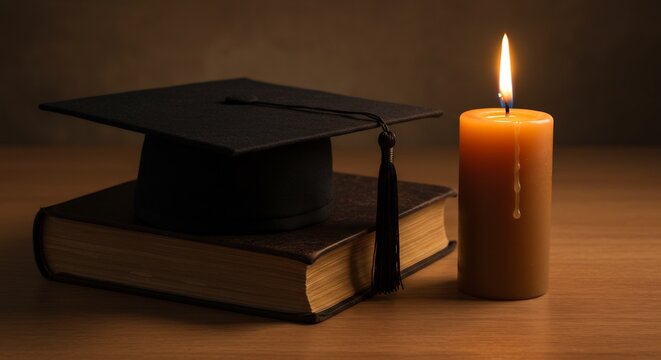 学士帽と分厚い古書が優しく揺らめく蝋燭の温かい光に深く包まれる静かに広がる輝きが深い学びと知恵そして学術的な達成感を美しく象徴する