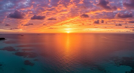 Obraz premium 熱帯の広大な海に沈む夕日が雲と空を鮮やかなオレンジピンク紫色に染め上げ黄金色の光が水面をドラマチックに輝かせる絶景