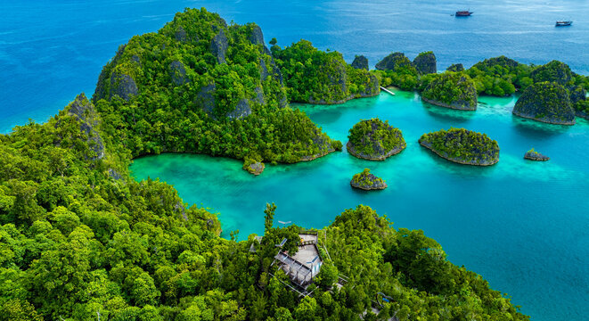Aerial view of landscape scene with Raja Ampat Islands, Indonesian archipelago, West Papua, Indonesia