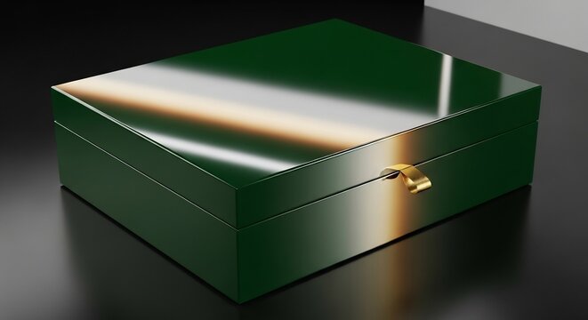深緑の美しい光沢を放つ箱 優雅な黄金の留め具がアクセント 上面に映る柔らかな光の反射が高級感を際立たせるミニマルな一枚