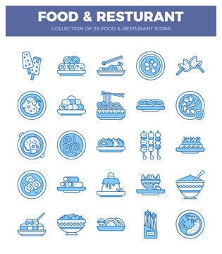 flat food and restaurant icons in blue and white with clean lines.  Illustrated dishes. sweets. and food preparation items on a white background with a blue header.