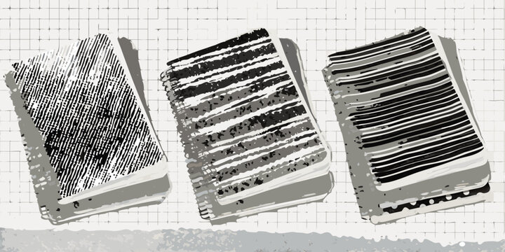 Three abstract sketches of notebooks with scribbled pages