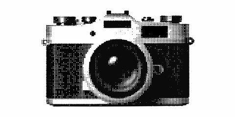 A striking black and white illustration of a vintage rangefinder camera © Lalin
