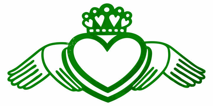 Green claddagh symbol featuring a heart hands and a crown