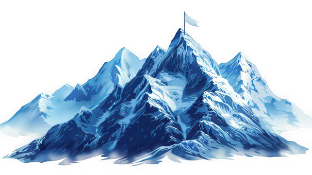 Blue mountain peaks with snow and white flag on summit isolated on transparent background