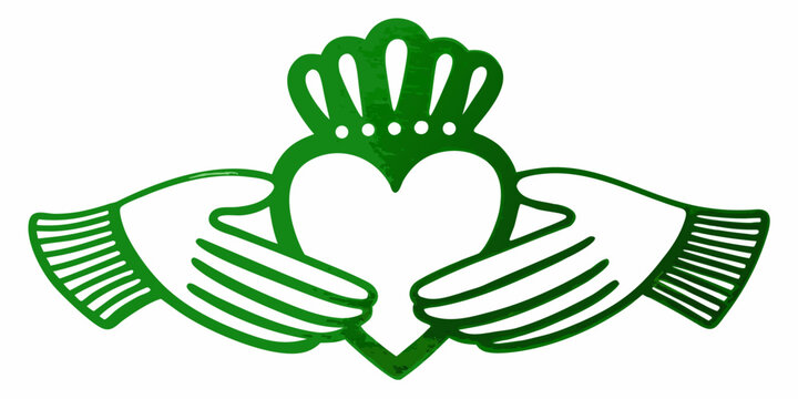 A green claddagh symbol featuring hands cradling a heart