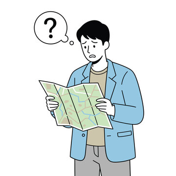 Flat vector illustration of a man confused while reading map, representing navigation issues, travel problems, and direction finding concept.