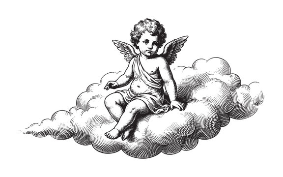 baby angel or cherub sitting on a fluffy cloud