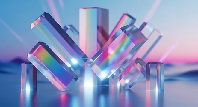 A collection of colorful prisms refracting light into vibrant spectrums on a reflective surface.