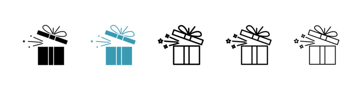 Open gift box icons collection in black and blue colors