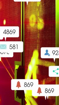 Vertical video: Handle holding mid as neon nodes pulsing, sending bubbles grouping showing activity