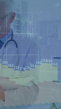 Vertical video: Medical charts overlaying, doctor lowering arm, checking notes and analyzing vitals