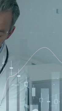 Vertical video: Dr entering leaning to patient on bed, checking vitals as medical chart overlaying