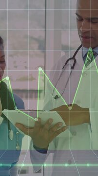 Vertical video: MD tapping chart, RN holding it, green graph animating over grid for patient review