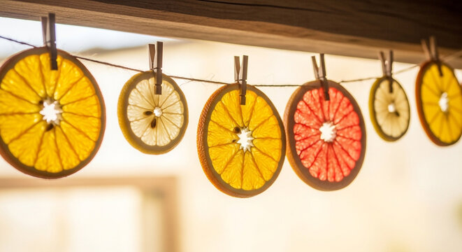 dried orange slices hanging on a string with clothespins