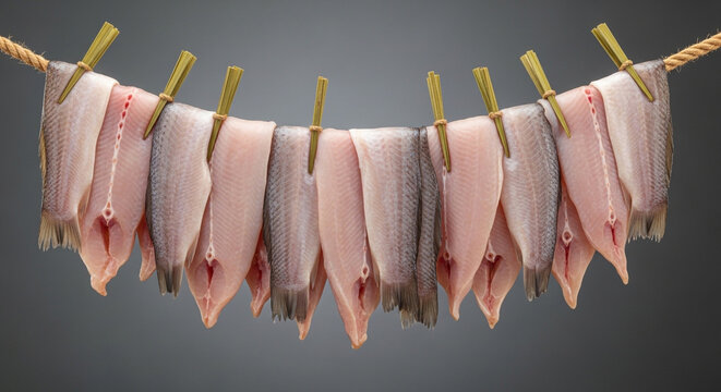 Fresh fish fillets hanging on a line to dry