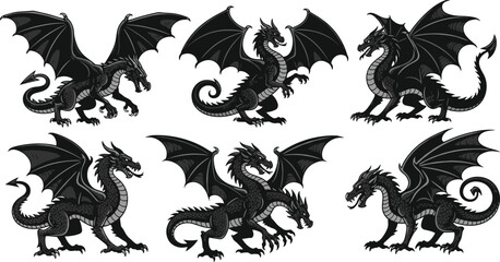 Fototapeta premium ollection of black dragon silhouettes with wings, claws, and tails, including two‑headed design, symbolizing fantasy, mythology, power, and legendary creatures