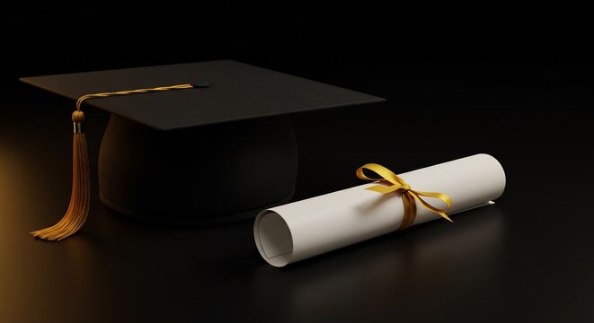 暗闇に際立つ卒業の象徴 角帽と卒業証書が未来への夢を静かに照らす
