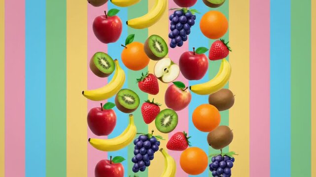 Fresh fruit arrangement falls on colorful background with apples and bananas
