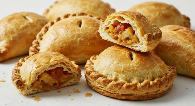 温かい光の中で輝く丁寧に作られた黄金色パイが食欲をそそるように並ぶサクサクの生地からは風味豊かで香ばしい具材が顔を出す視覚と味覚に訴えかける家庭的な魅力