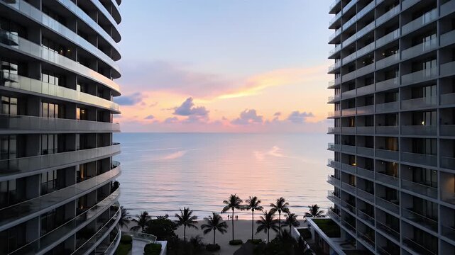 Luxury resort buildings framing ocean view at colorful dawn
