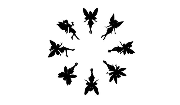 Minimal fairy silhouette circle composition magical wings characters vector design set