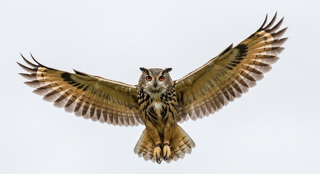 白い空を背景に大きく翼を広げ力強く飛翔するミミズクの雄大な姿 正面から捉えられた精悍な顔立ちと羽毛の細部まで鮮明に描写された躍動的な瞬間