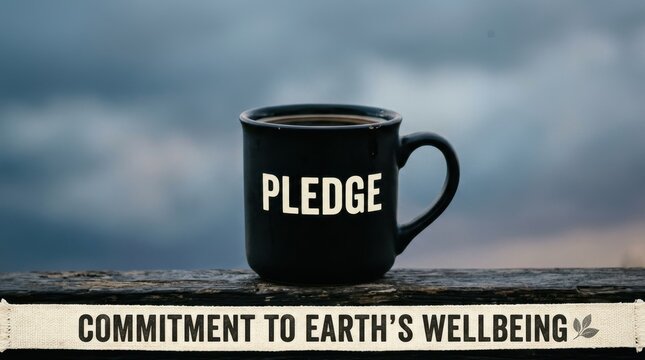 Black Coffee Mug With the Word Pledge Displayed Boldly, Sitting on a Wooden Surface Against a Cloudy Sky Background