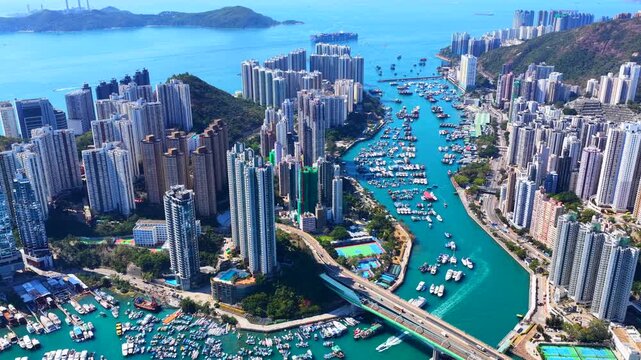 Aerial footage of Hong Kong southern coastline showcases natural stone forests amid urban landscapes at Pok Fu Lam, Aberdeen, Wong Chuk Hang, Ap Lei Chau, Lei Tung, Deep Water Bay, and Shouson Hill