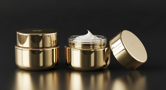 輝く金色の高級化粧品容器 濃厚な白クリームが光り輝く 柔らかな照明が洗練された美しさを引き出す