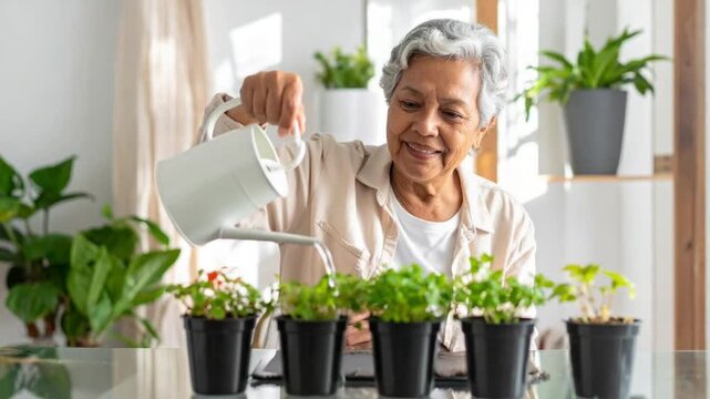 Happy senior woman watering plants at home enjoying her gardening hobby