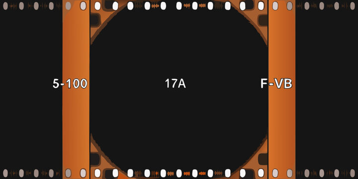 A single frame of orange filmstrip with numbering and identification codes