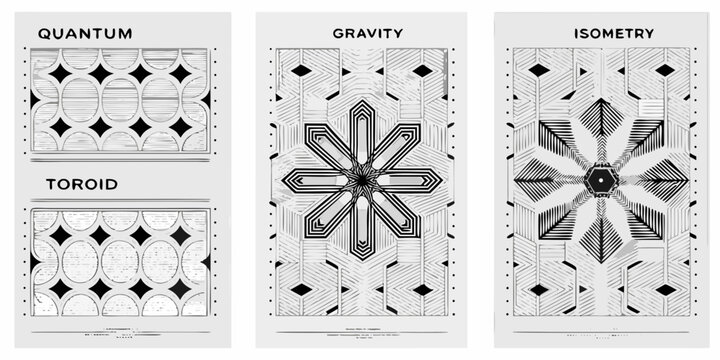 Four abstract geometric panels labeled quantum gravity isometry and toroid