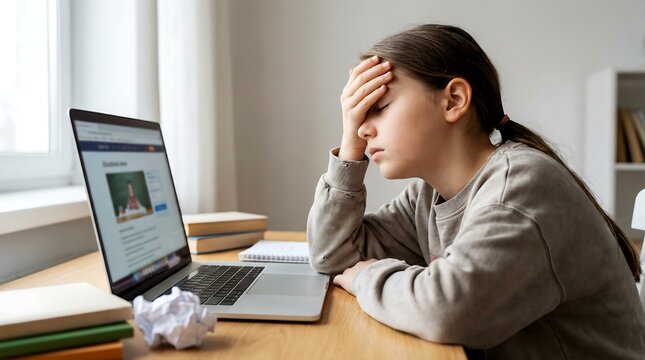 Stressed Young Girl with Hand on Forehead Overwhelmed by Online Learning and Homework at Home