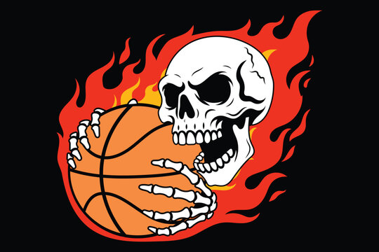 Skeleton holding basketball surrounded by fiery flames graphic design illustration