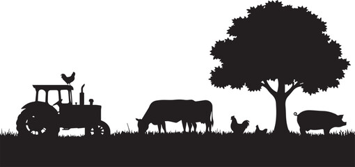 Farm Animals Silhouette Landscape with Tractor, Cows, Pig, and Chickens under a Large Tree. Rural Agricultural Vector Illustration for Countryside Farming and Organic Livestock. © Sadek