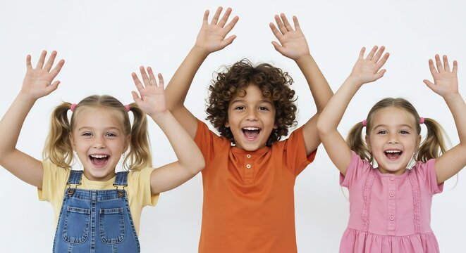 明るい光の中で両手を上げて満面の笑みを浮かべる無邪気な子供たち 喜びあふれる瞬間
