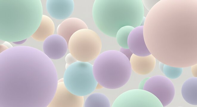 柔らかな光に満ちた空間で多種多様なパステルカラーの球体が大小様々に軽やかに漂う幻想的な抽象アート穏やかで心地よい雰囲気が心を和ませる