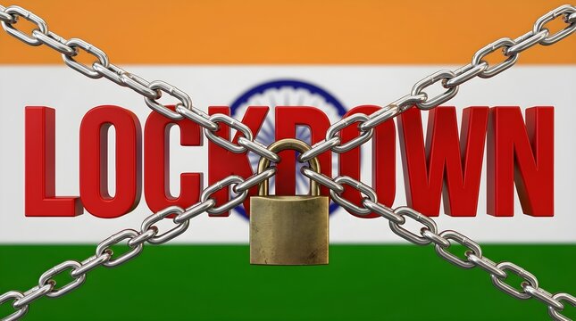 India lockdown concept with chains and padlock on national flag background