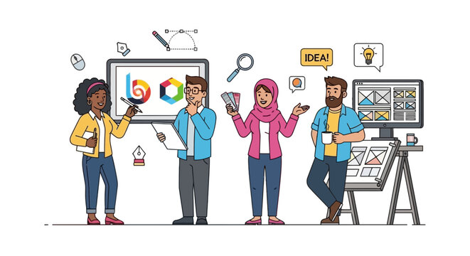 Design team collaborating on UI/UX wireframes and branding project in modern office