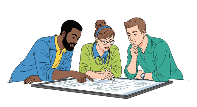 Design team collaborating on UI/UX wireframes and branding project in modern office