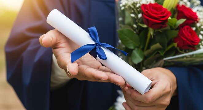 暖かな夕日が差し込む中鮮やかな赤バラの花束を背に卒業ガウンを着た卒業生が喜びと達成感に満ちた卒業証書を誇らしげに手にする