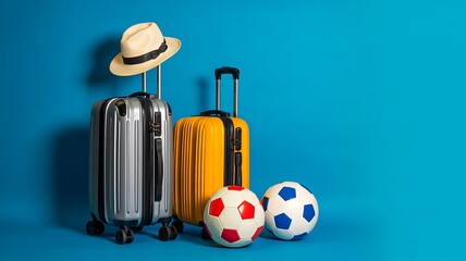 Travel luggage with hat and soccer balls on blue background representing vacation tourism journey and holiday concept