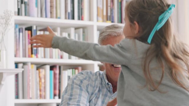 Senior man, kid and jumping at house with energy, playful fun and bonding together. Smile, grandfather and catching child with support, visit grandparent and babysitting grandchild for weekend break